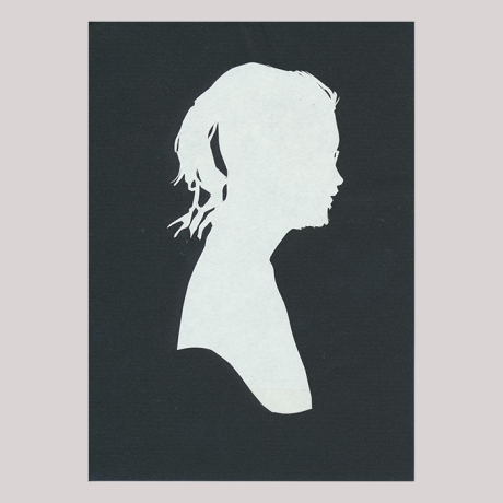 
        Silhouette, with woman looking right, with long hair.